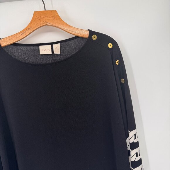 Chicos 2 Black knit Top  Gold Button Accents  Chain Print Hem Womens size Large - Picture 3 of 11